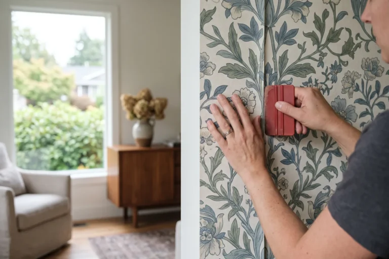 Installer pressing a wallpaper seam flat with a smoothing tool